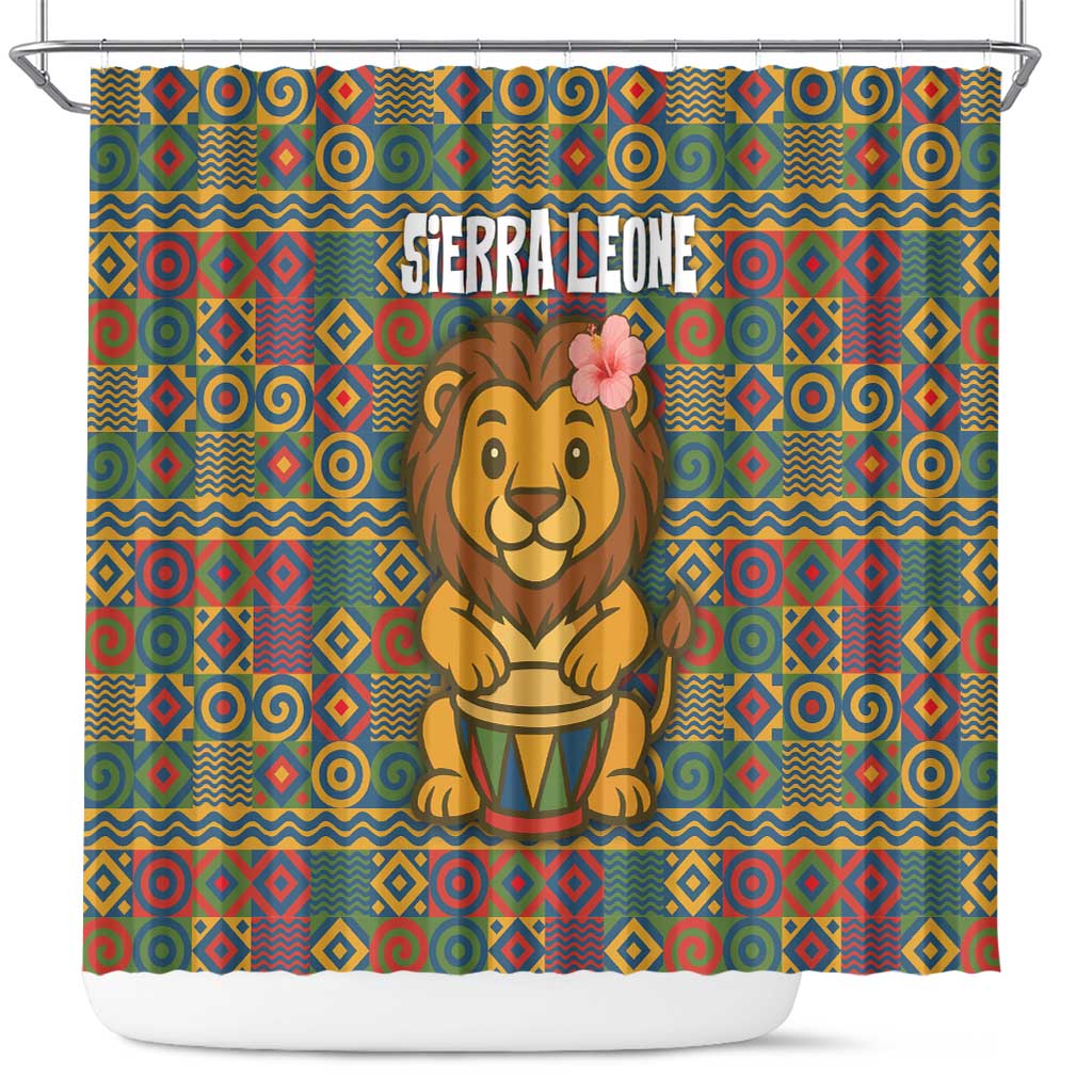 Sierra Leone Shower Curtain - Cute Lion Playing Djembe Drum and Tribal Pattern Design