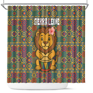 Sierra Leone Shower Curtain - Cute Lion Playing Djembe Drum and Tribal Pattern Design
