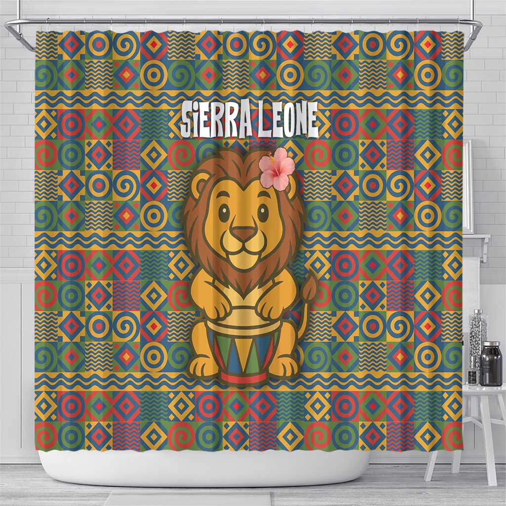 Sierra Leone Shower Curtain - Cute Lion Playing Djembe Drum and Tribal Pattern Design