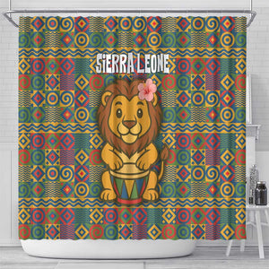 Sierra Leone Shower Curtain - Cute Lion Playing Djembe Drum and Tribal Pattern Design