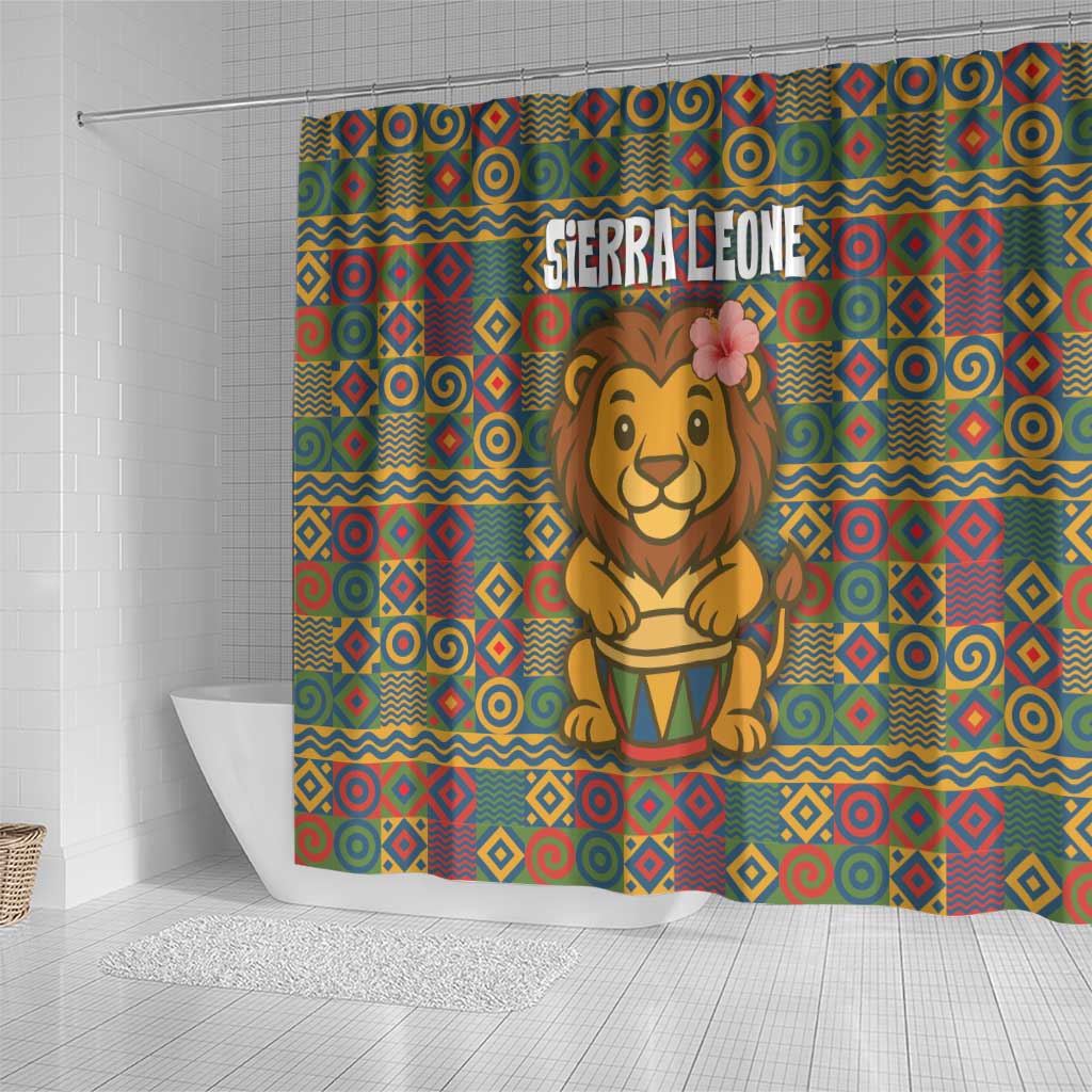 Sierra Leone Shower Curtain - Cute Lion Playing Djembe Drum and Tribal Pattern Design