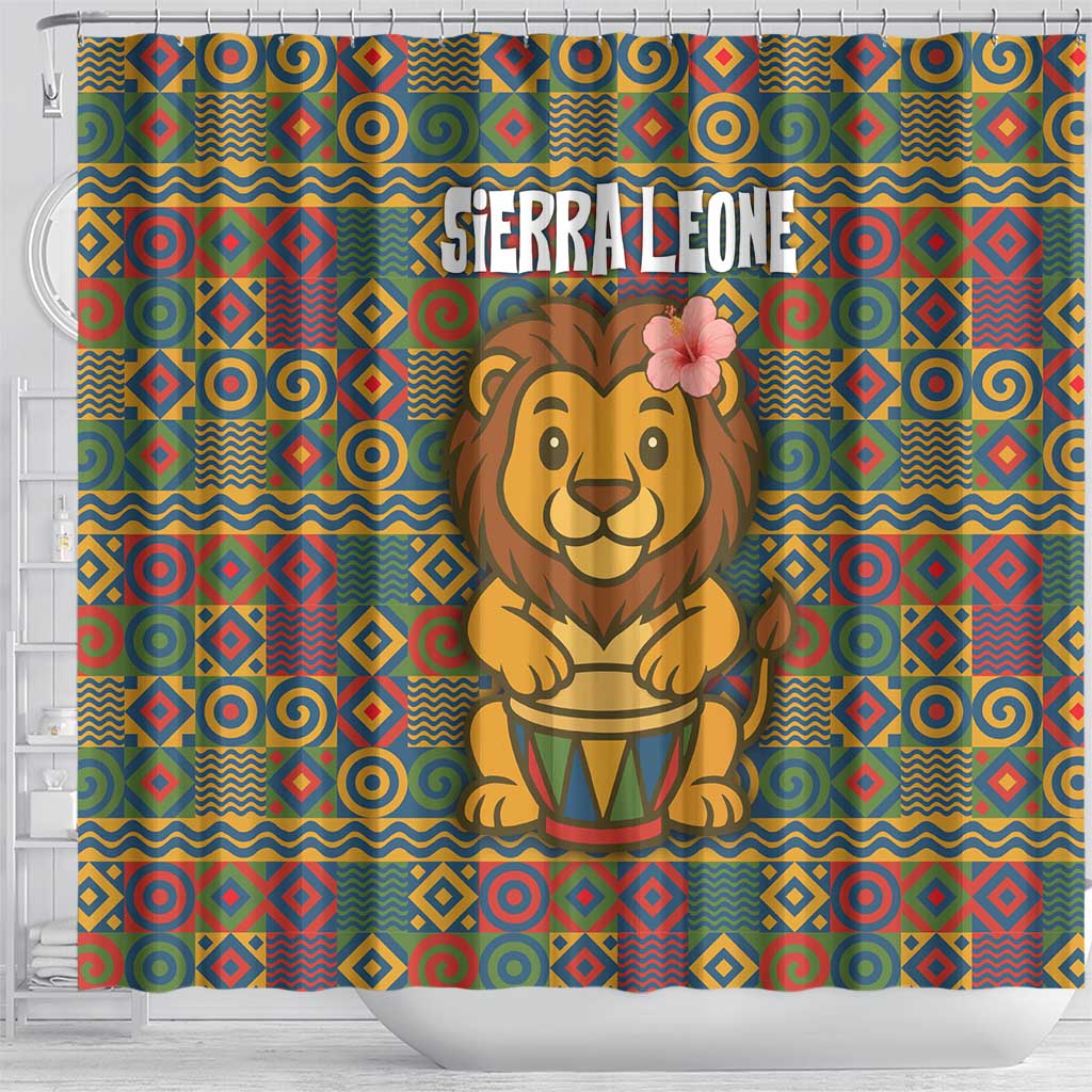 Sierra Leone Shower Curtain - Cute Lion Playing Djembe Drum and Tribal Pattern Design