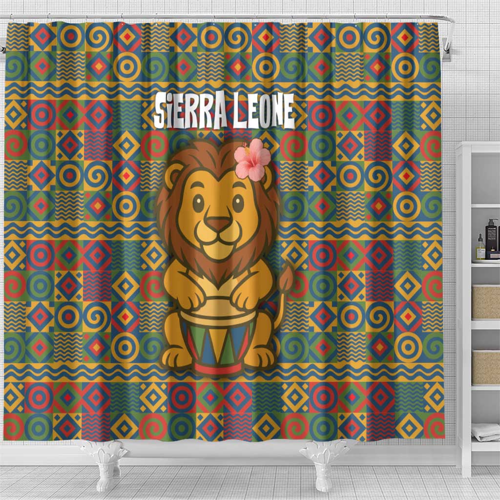 Sierra Leone Shower Curtain - Cute Lion Playing Djembe Drum and Tribal Pattern Design