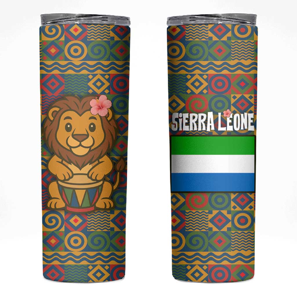 Sierra Leone Skinny Tumbler - Cute Lion Playing Djembe Drum and Tribal Pattern Design