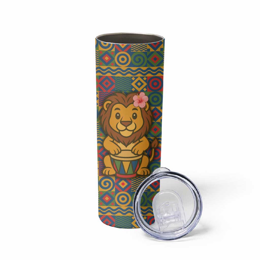 Sierra Leone Skinny Tumbler - Cute Lion Playing Djembe Drum and Tribal Pattern Design