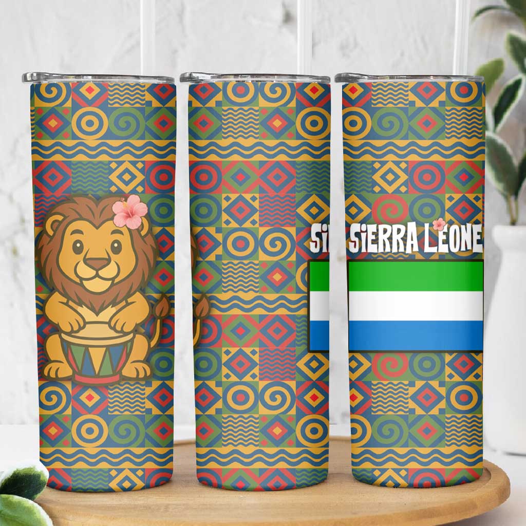 Sierra Leone Skinny Tumbler - Cute Lion Playing Djembe Drum and Tribal Pattern Design