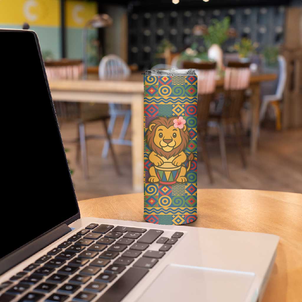 Sierra Leone Skinny Tumbler - Cute Lion Playing Djembe Drum and Tribal Pattern Design