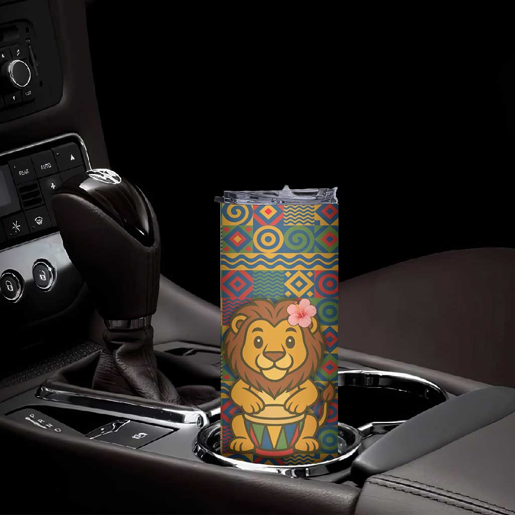 Sierra Leone Skinny Tumbler - Cute Lion Playing Djembe Drum and Tribal Pattern Design