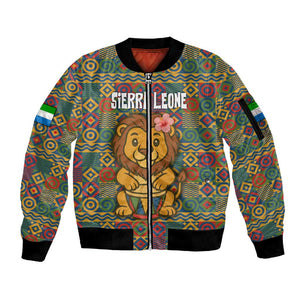 Sierra Leone Sleeve Zip Bomber Jacket - Cute Lion Playing Djembe Drum and Tribal Pattern Design