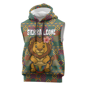 Sierra Leone Sleeveless Hoodie - Cute Lion Playing Djembe Drum and Tribal Pattern Design - African Pride