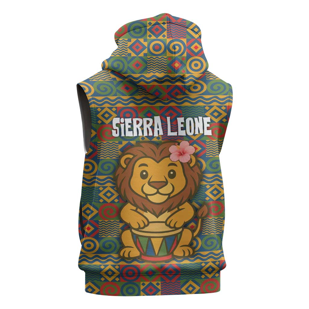 Sierra Leone Sleeveless Hoodie - Cute Lion Playing Djembe Drum and Tribal Pattern Design - African Pride