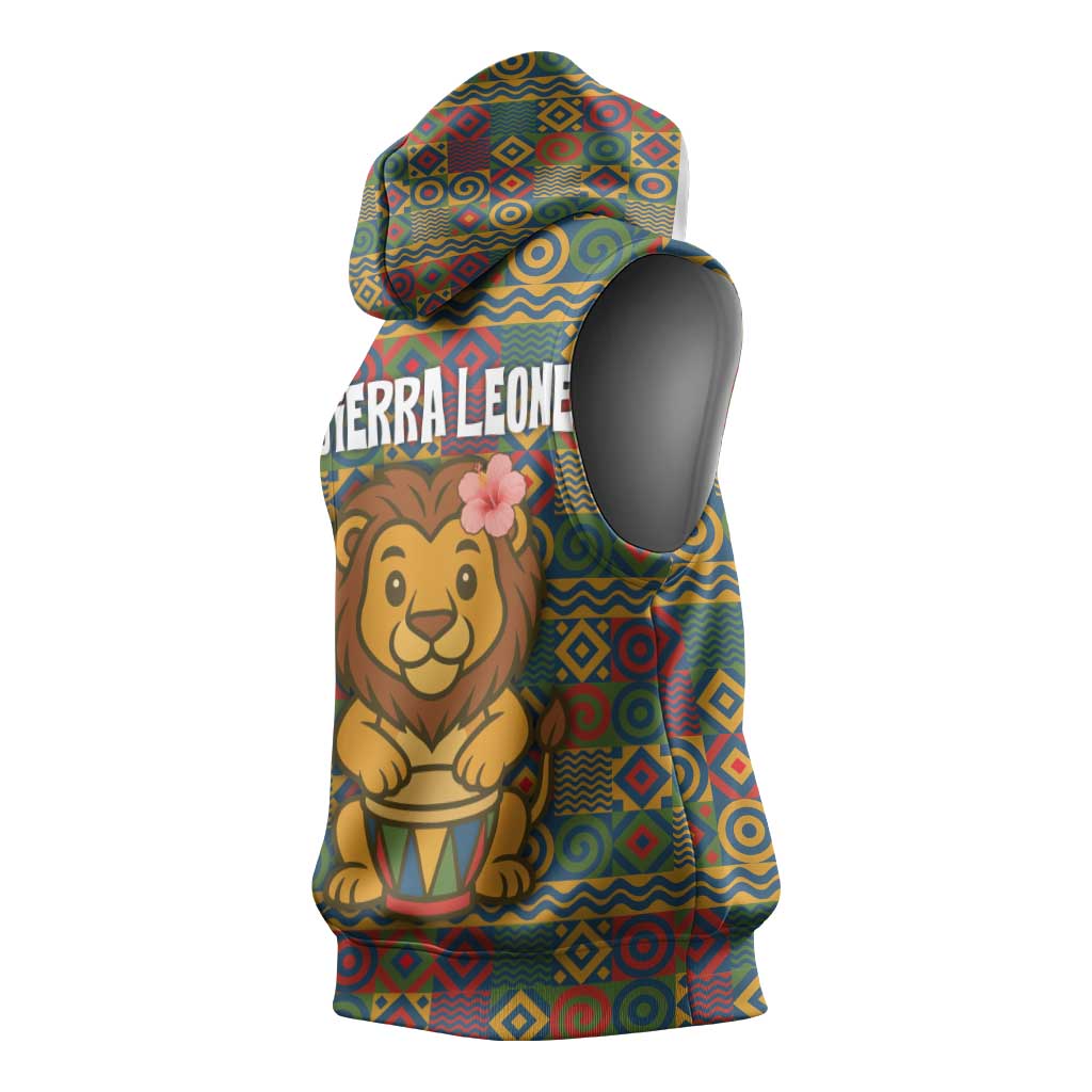 Sierra Leone Sleeveless Hoodie - Cute Lion Playing Djembe Drum and Tribal Pattern Design - African Pride