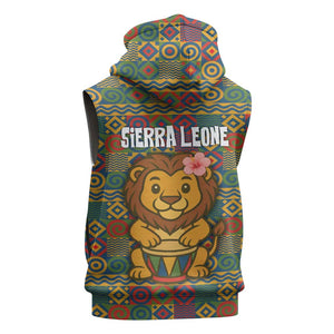 Sierra Leone Sleeveless Zip Hoodie - Cute Lion Playing Djembe Drum and Tribal Pattern Design - African Pride