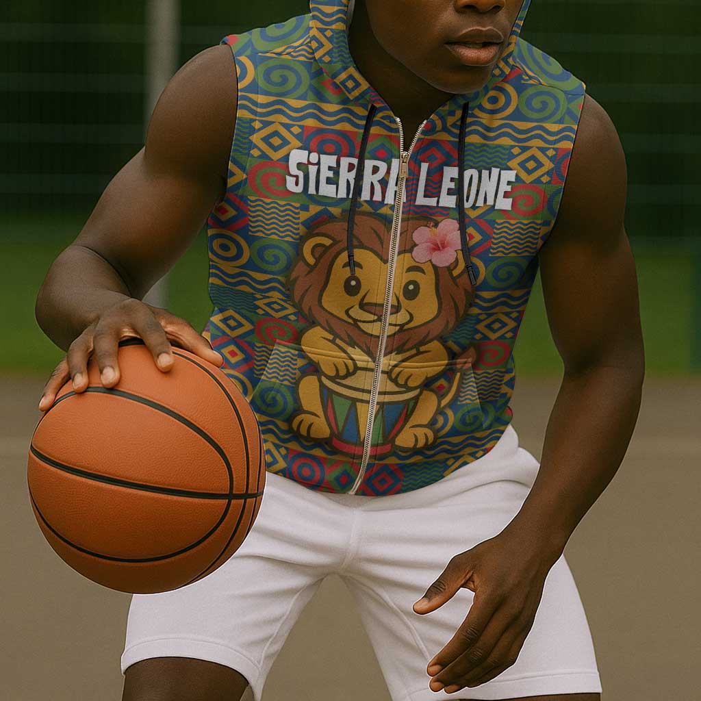 Sierra Leone Sleeveless Zip Hoodie - Cute Lion Playing Djembe Drum and Tribal Pattern Design - African Pride