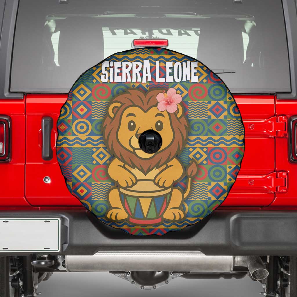 Sierra Leone Spare Tire Cover - Cute Lion Playing Djembe Drum and Tribal Pattern Design