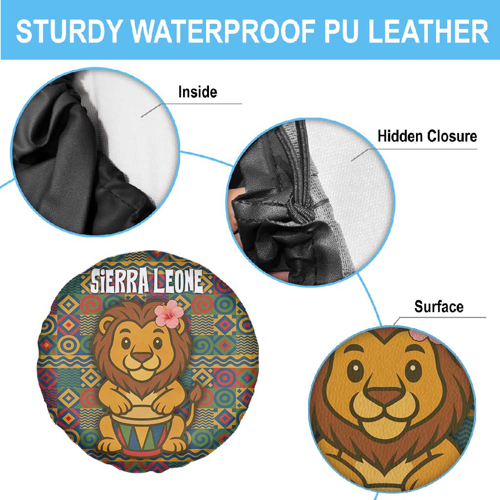 Sierra Leone Spare Tire Cover - Cute Lion Playing Djembe Drum and Tribal Pattern Design