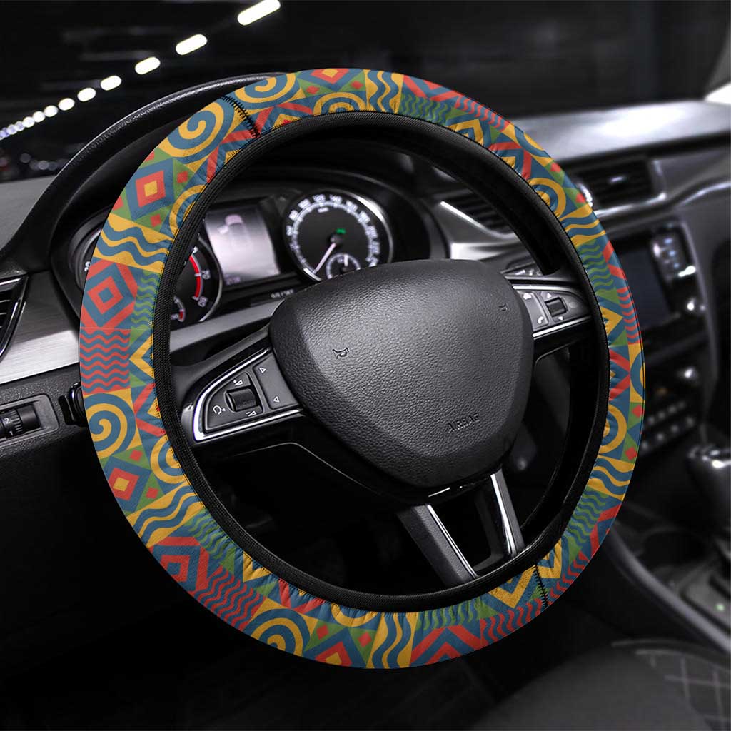 Sierra Leone Steering Wheel Cover - Cute Lion Playing Djembe Drum and Tribal Pattern Design