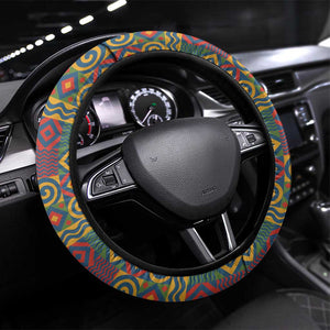 Sierra Leone Steering Wheel Cover - Cute Lion Playing Djembe Drum and Tribal Pattern Design