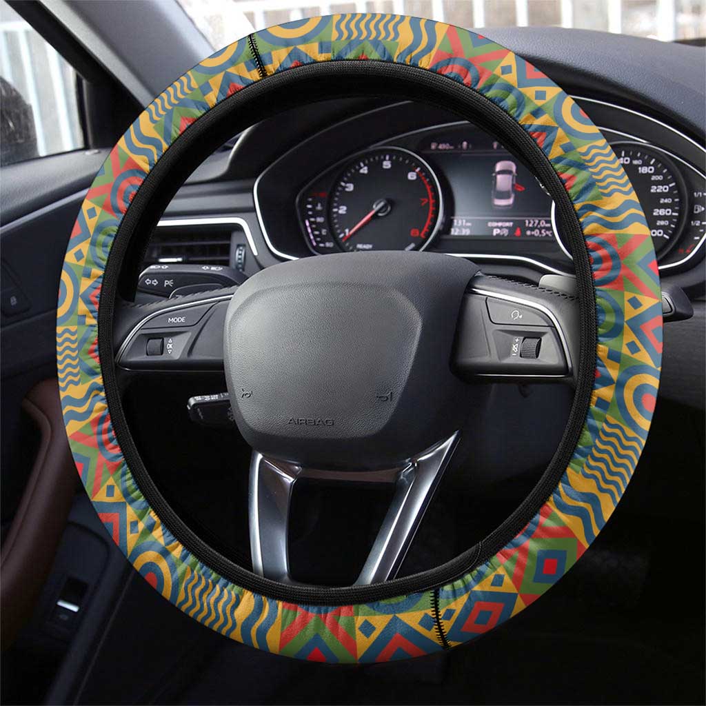 Sierra Leone Steering Wheel Cover - Cute Lion Playing Djembe Drum and Tribal Pattern Design