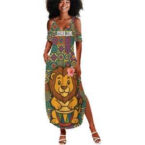 Sierra Leone Summer Maxi Dress - Cute Lion Playing Djembe Drum and Tribal Pattern Design