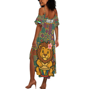 Sierra Leone Summer Maxi Dress - Cute Lion Playing Djembe Drum and Tribal Pattern Design