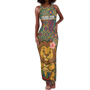 Sierra Leone Tank Maxi Dress - Cute Lion Playing Djembe Drum and Tribal Pattern Design