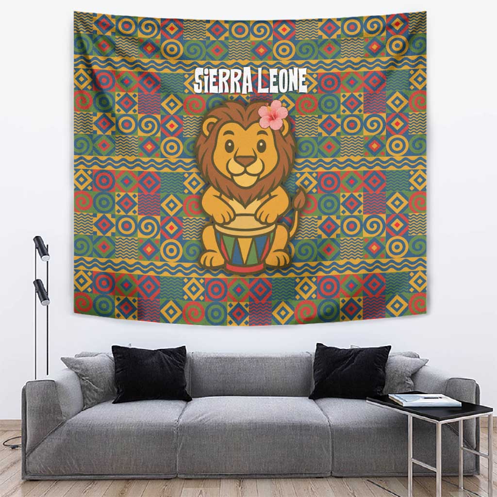 Sierra Leone Tapestry - Cute Lion Playing Djembe Drum and Tribal Pattern Design