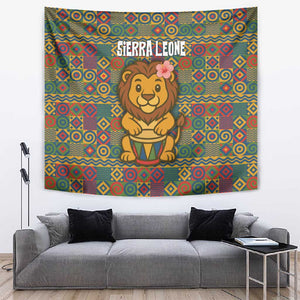 Sierra Leone Tapestry - Cute Lion Playing Djembe Drum and Tribal Pattern Design