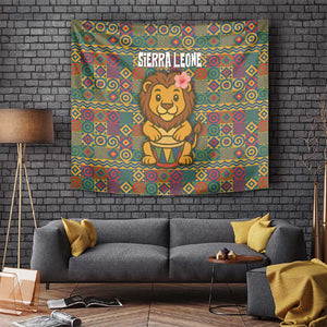 Sierra Leone Tapestry - Cute Lion Playing Djembe Drum and Tribal Pattern Design
