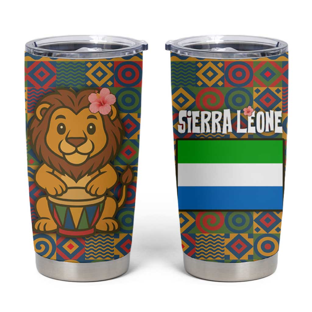 Sierra Leone Tumbler Cup - Cute Lion Playing Djembe Drum and Tribal Pattern Design