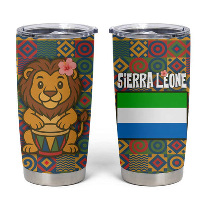 Sierra Leone Tumbler Cup - Cute Lion Playing Djembe Drum and Tribal Pattern Design