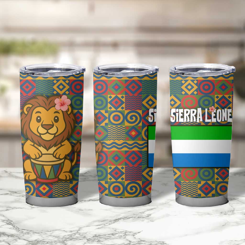 Sierra Leone Tumbler Cup - Cute Lion Playing Djembe Drum and Tribal Pattern Design