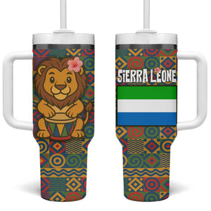 Sierra Leone Tumbler With Handle - Cute Lion Playing Djembe Drum and Tribal Pattern Design