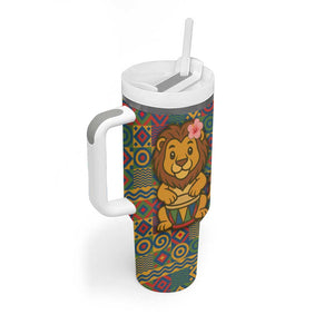 Sierra Leone Tumbler With Handle - Cute Lion Playing Djembe Drum and Tribal Pattern Design