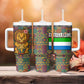 Sierra Leone Tumbler With Handle - Cute Lion Playing Djembe Drum and Tribal Pattern Design