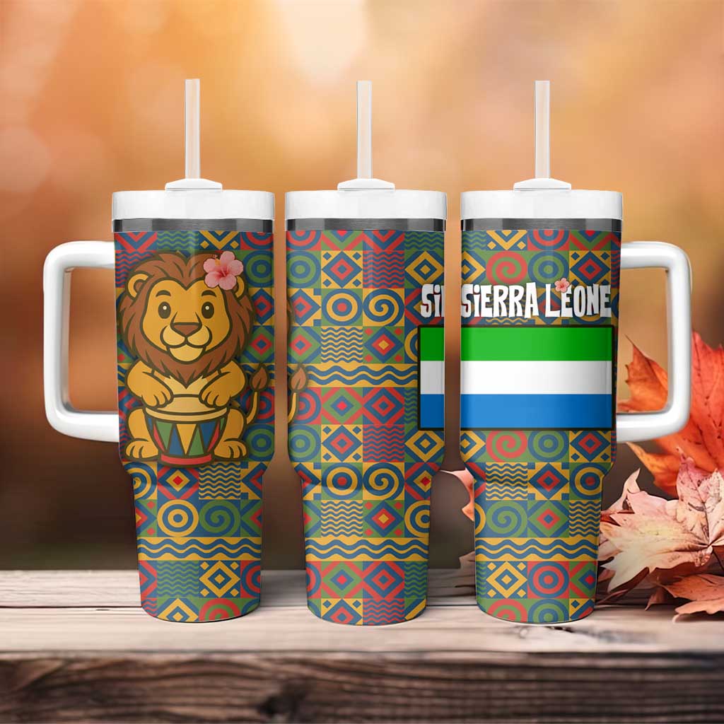 Sierra Leone Tumbler With Handle - Cute Lion Playing Djembe Drum and Tribal Pattern Design