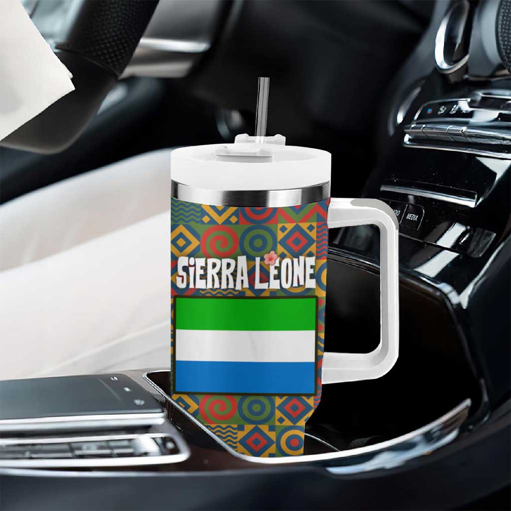Sierra Leone Tumbler With Handle - Cute Lion Playing Djembe Drum and Tribal Pattern Design