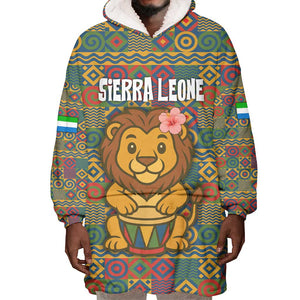 Sierra Leone Wearable Blanket Hoodie - Cute Lion Playing Djembe Drum and Tribal Pattern Design