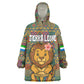 Sierra Leone Wearable Blanket Hoodie - Cute Lion Playing Djembe Drum and Tribal Pattern Design