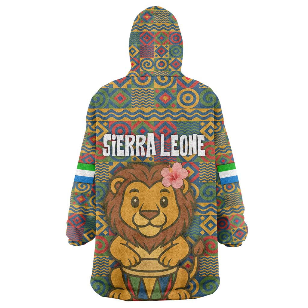 Sierra Leone Wearable Blanket Hoodie - Cute Lion Playing Djembe Drum and Tribal Pattern Design
