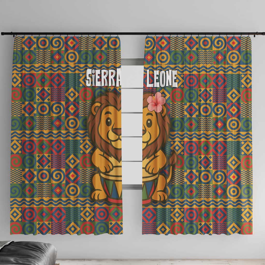 Sierra Leone Window Curtain - Cute Lion Playing Djembe Drum and Tribal Pattern Design