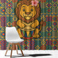 Sierra Leone Window Curtain - Cute Lion Playing Djembe Drum and Tribal Pattern Design