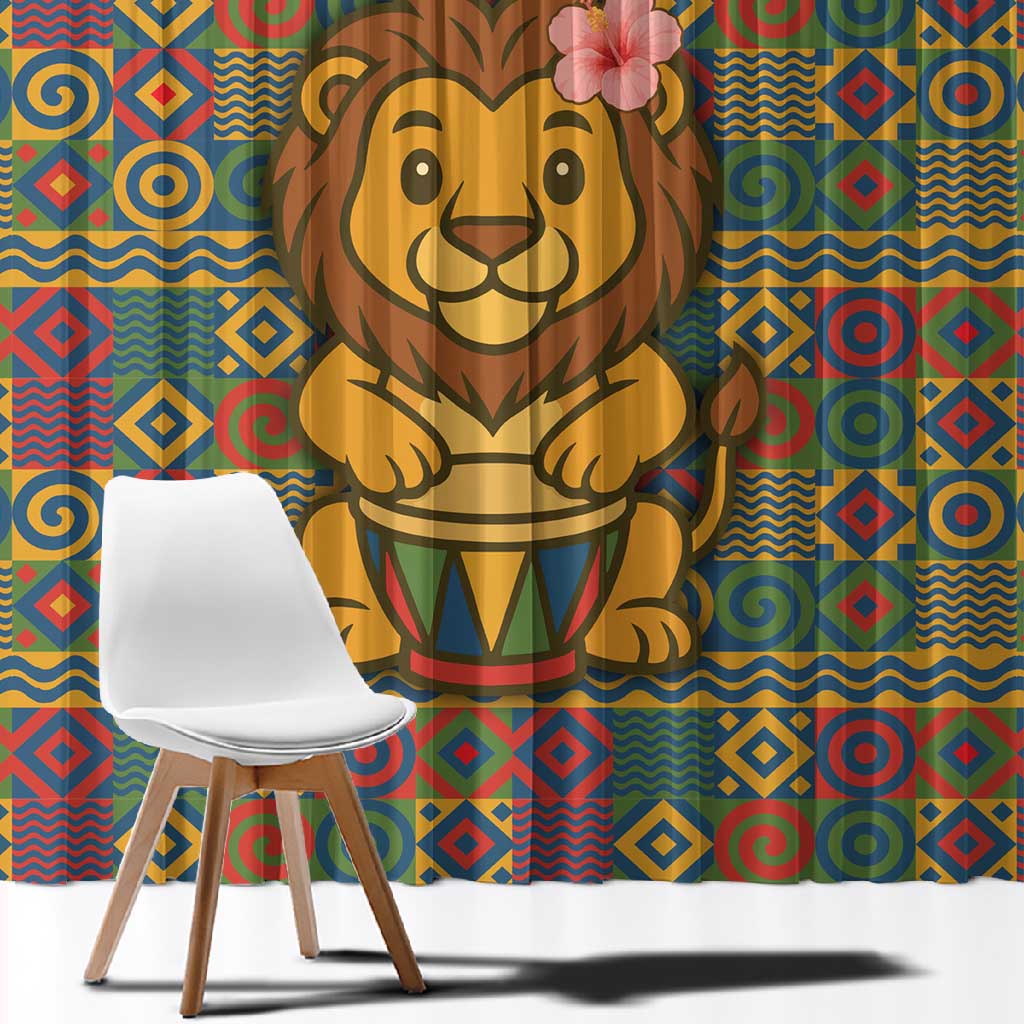 Sierra Leone Window Curtain - Cute Lion Playing Djembe Drum and Tribal Pattern Design