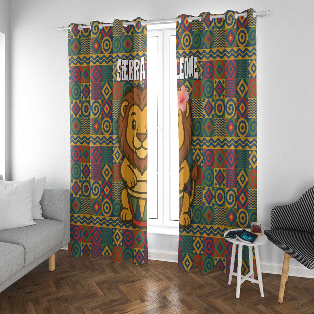 Sierra Leone Window Curtain - Cute Lion Playing Djembe Drum and Tribal Pattern Design