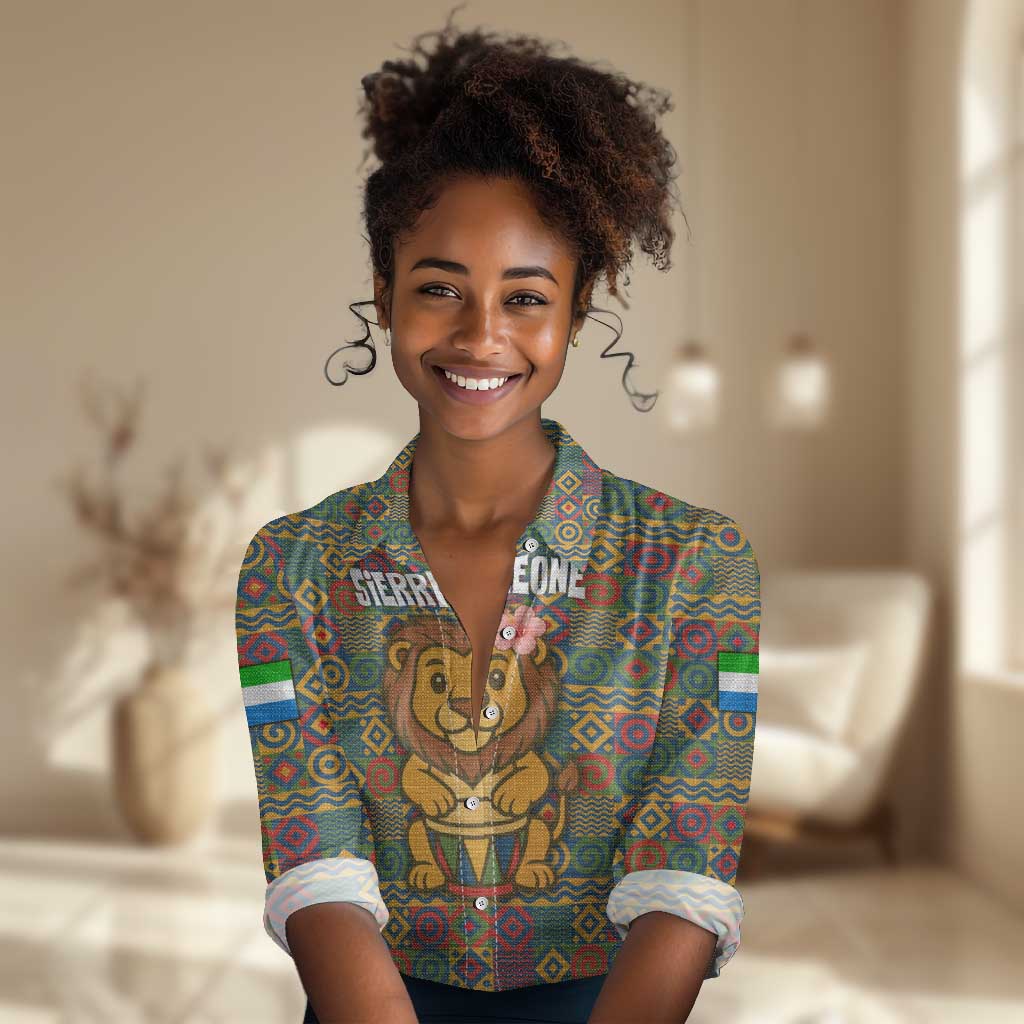 Sierra Leone Women Casual Shirt - Cute Lion Playing Djembe Drum and Tribal Pattern Design