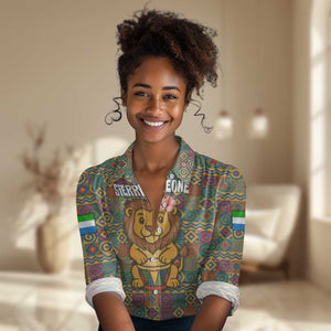 Sierra Leone Women Casual Shirt - Cute Lion Playing Djembe Drum and Tribal Pattern Design
