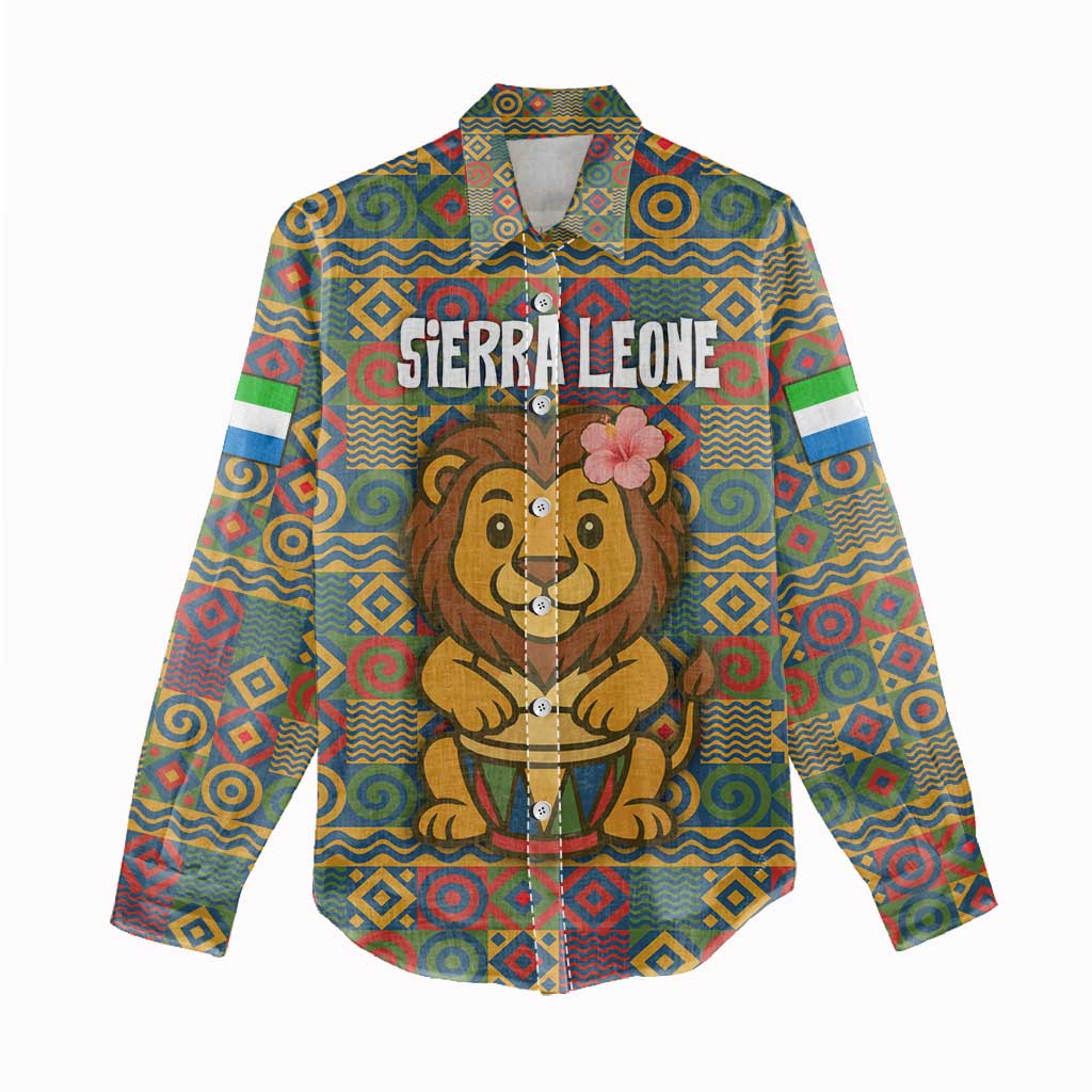 Sierra Leone Women Casual Shirt - Cute Lion Playing Djembe Drum and Tribal Pattern Design