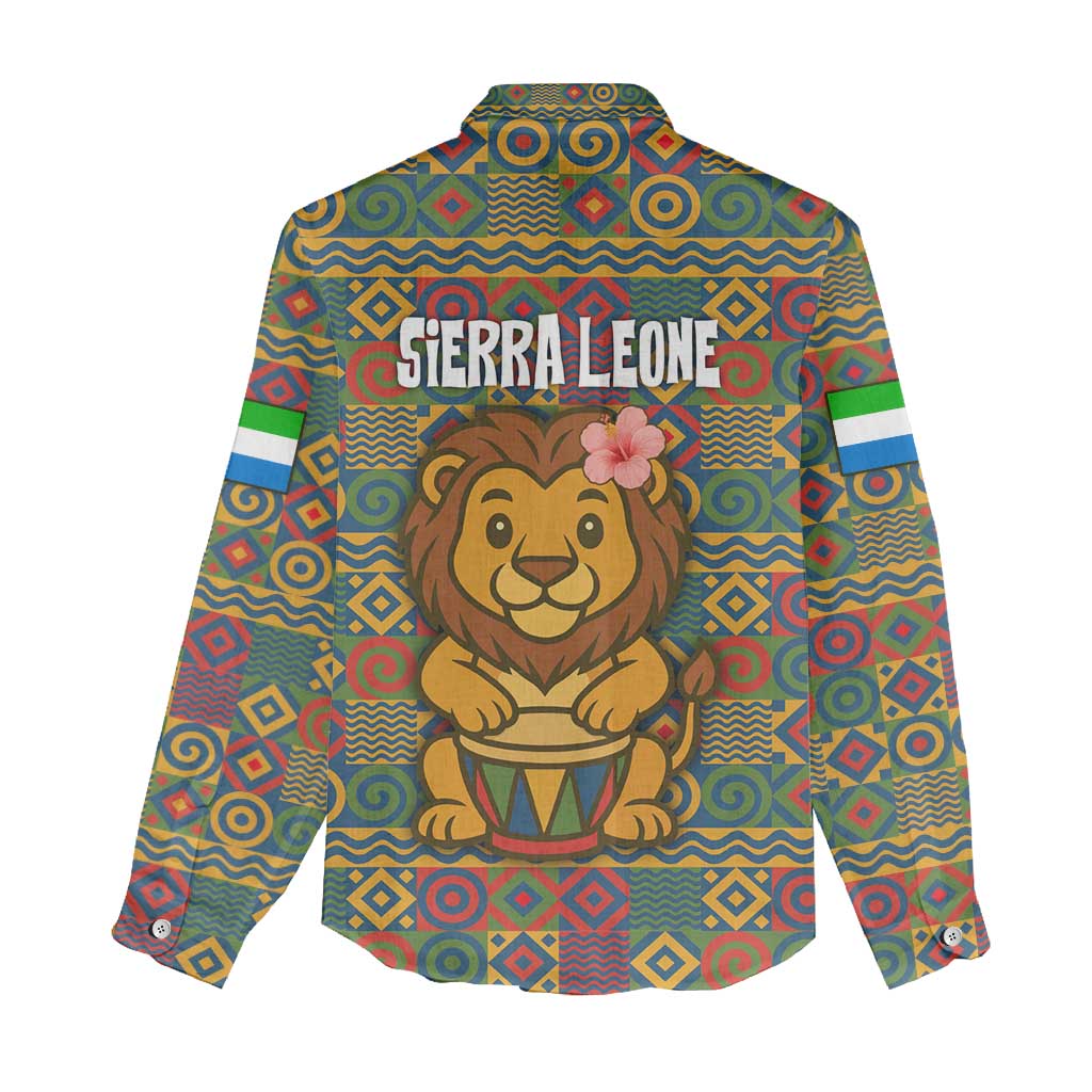 Sierra Leone Women Casual Shirt - Cute Lion Playing Djembe Drum and Tribal Pattern Design