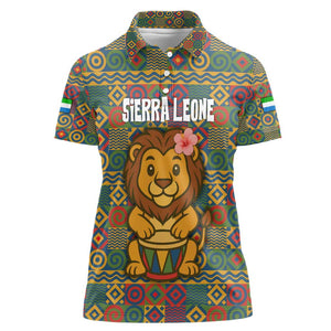 Sierra Leone Women Polo Shirt - Cute Lion Playing Djembe Drum and Tribal Pattern Design