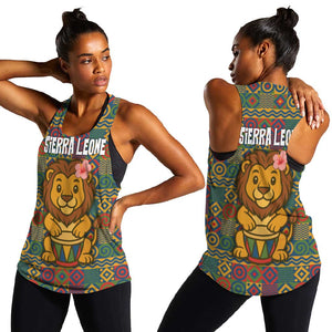 Sierra Leone Women Racerback Tank - Cute Lion Playing Djembe Drum and Tribal Pattern Design